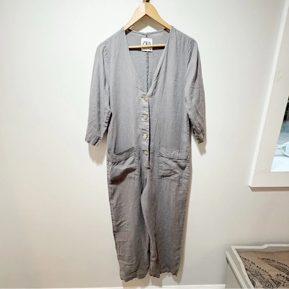 Zara The Lillian Jumpsuit Linen Size Small Gray Front Pockets V Neck Boiler Suit
